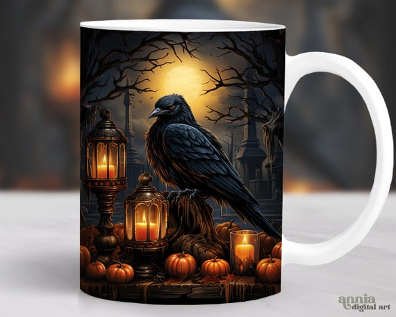 Crow Halloween Mug Wrap, Gothic Black Raven Mug Sublimation Design, 11oz Coffee Cup Template, 15 oz Mug Wrap PNG, Goth Mug Press Design