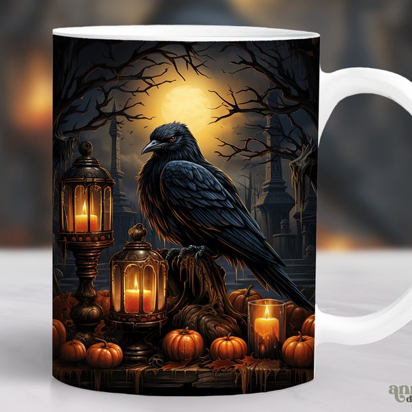 Crow Halloween Mug Wrap, Gothic Black Raven Mug Sublimation Design, 11oz Coffee Cup Template, 15 oz Mug Wrap PNG, Goth Mug Press Design