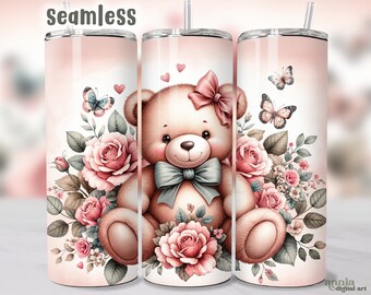 Coquette Teddy Bear Tumbler Wrap, Vintage Roses 20oz Tumbler Sublimation Design, Cute Bows Tumbler PNG, Watercolor Pink Aesthetic Png