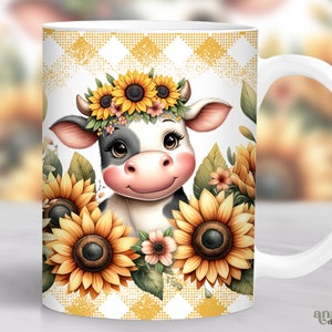 Sunflowers Baby Cow Mug Wrap, Floral Farm Animal Mug Sublimation Design, Summer Rustic 11oz Coffee Cup Png, Country Flower 15oz Mug Wrap PNG