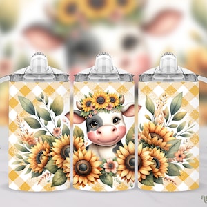 Sunflowers Cow Sippy Cup Tumbler Wrap, Floral Farm Animal 12oz Kids Bottle Sublimation Design PNG, Summer Rustic Toddler Sippy Cup Wrap