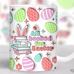 3D Easter Books Inflated Mug Wrap, Puffy Easter Bunny Mug Sublimation Design, Teacher Easter Eggs 11oz Cup Template, Reading 15 oz Mug PNG