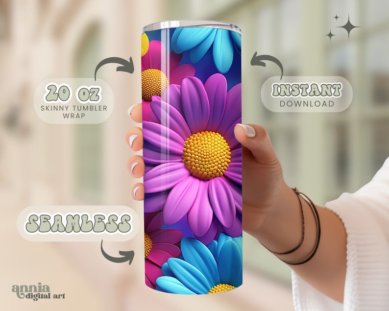 Puede incluir: Una envoltura para vaso skinny de 20 oz con un dise&ntilde;o sin costuras de margaritas coloridas con p&eacute;talos rosas, azules y amarillos. El dise&ntilde;o es perfecto para agregar un toque de fantas&iacute;a a tu vaso.