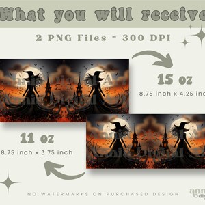 K&ouml;nnte beinhalten: Zwei digitale druckbare Bilder einer Halloween-Szene mit einer Hexe, einem Schloss und einem Vollmond. Die Bilder sind in zwei Gr&ouml;&szlig;en erh&auml;ltlich: 11 oz (8,75 Zoll x 3,75 Zoll) und 15 oz (8,75 Zoll x 4,25 Zoll).