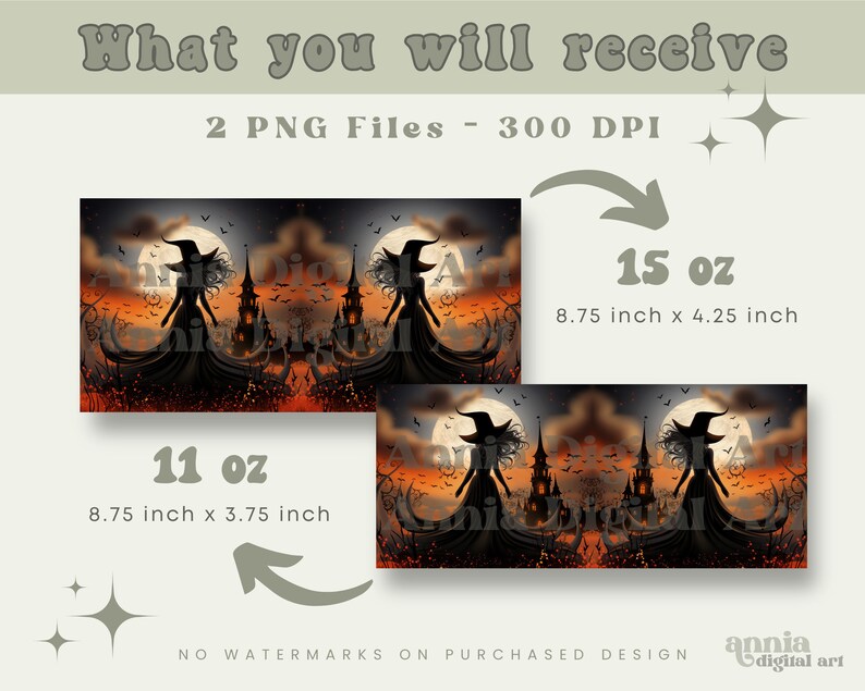 K&ouml;nnte beinhalten: Zwei digitale druckbare Bilder einer Halloween-Szene mit einer Hexe, einem Schloss und einem Vollmond. Die Bilder sind in zwei Gr&ouml;&szlig;en erh&auml;ltlich: 11 oz (8,75 Zoll x 3,75 Zoll) und 15 oz (8,75 Zoll x 4,25 Zoll).