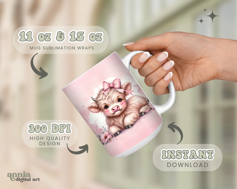 Pu&ograve; includere: Un design di involucro di sublimazione per tazza rosa con una simpatica mucca Highland di cartone animato con un fiocco rosa. Il design &egrave; a 300 DPI e include le dimensioni della tazza da 11 oz e 15 oz.