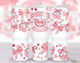 Coquette University 40oz Tumbler Wrap, Preppy Pink Cherry Bows 40 oz Quencher Tumbler Sublimation Design, Soft Girly Ribbons Tumbler PNG