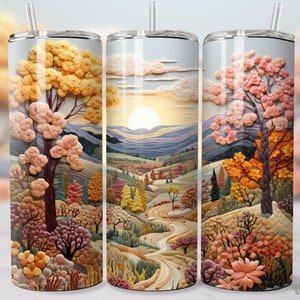 3D Embroidered Landscape Tumbler Wrap, Colorful Nature 20oz Skinny Tumbler Sublimation Design, Floral Straight & Tapered Tumbler PNG