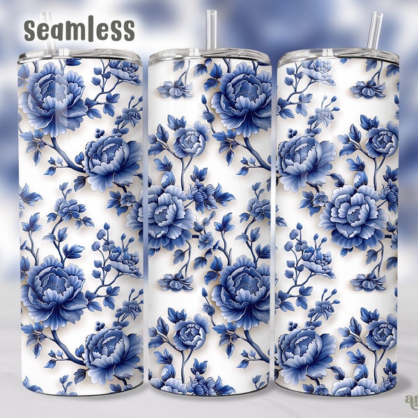 3D Blue Chinoiserie Tumbler Wrap, Antique Chinese Pattern 20oz Tumbler Sublimation Design, Floral Seamless Traditional Toile Tumbler PNG