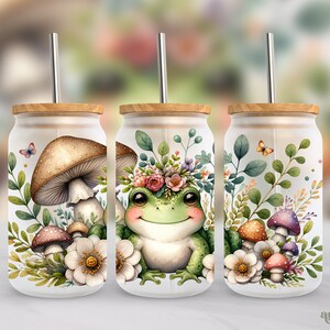 Svampar Groda 16oz Wrap PNG, Sommarstugakärna Frostat Glas Sublimeringsdesign, Blommig Groda Libbey Mugg PNG, Söta Djur Burk Tumbler PNG