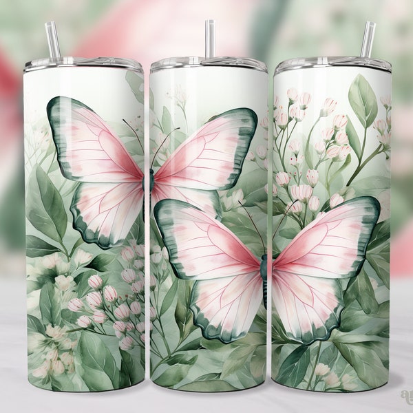 Pink Butterflies 20oz Skinny Tumbler Wrap Sublimation Tumbler Design, Sage Green Straight & Tapered Tumbler PNG, Butterfly Tumbler Wrap