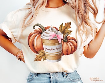 Kokette Schleife Kürbis-Gewürz Latte Png, Herbst-Kaffee-Getränk-Hemd Sublimationsentwurf, Herbst-Girly Png, trendige Herbstsaison Png