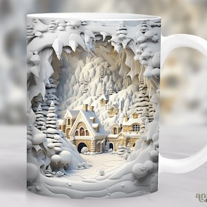 3D Winter Mug Wrap for Christmas Mug Sublimation Design, Winter Cabin Hole in the Wall 11oz Coffee Cup Wrap, Snow 15oz Mug PNG Design