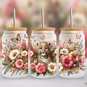 Baby Leopard 16oz Wrap PNG, Summer Flowers Frosted Glass Sublimation Design, Watercolor Floral Libbey Cup PNG, Cute Jungle Animal PNG