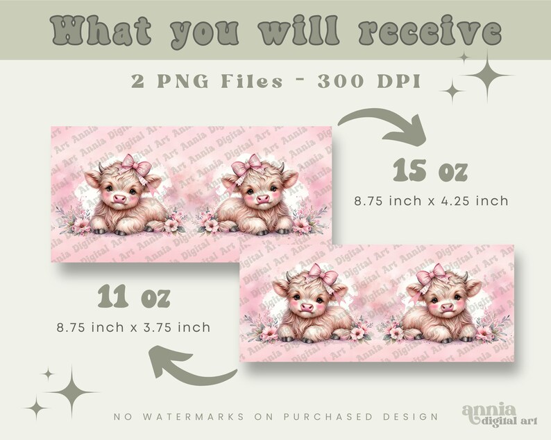 Pu&ograve; includere: Due design digitali stampabili con una simpatica mucca Highland di cartone animato con un fiocco rosa. I design sono per bicchieri da 11 oz e 15 oz. I design sono su uno sfondo rosa con fiori bianchi. Il testo "What you will receive" e "2 PNG Files - 300 DPI" &egrave; nella parte superiore dell'immagine. Il testo "NO WATERMARKS ON PURCHASED DESIGN" &egrave; nella parte inferiore dell'immagine.