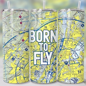 Born To Fly Tumbler Wrap, Gráfico de avión piloto Diseño de sublimación de vaso de 20 oz, Vaso de mapa seccional aeronáutico PNG, Amante de la aviación PNG