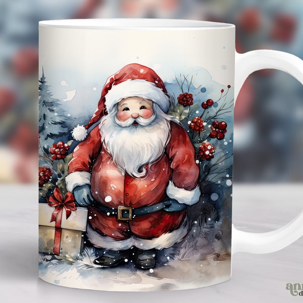 Christmas Santa Mug Wrap, Watercolor Christmas Mug Sublimation Design, Holiday 11oz Coffee Cup Wrap, 15 oz Mug Wrap PNG, Mug Press Design