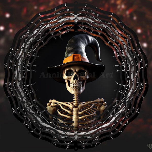 3D Skeleton Halloween Wind Spinner PNG, Spooky Halloween Sublimation Design, Fall 10 inch Hanging Spinner, Skeleton Witch Wind Spinner Wrap