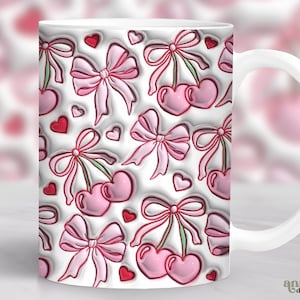 3D Inflated Cherry Bows Mug Wrap, Pink Coquette Ribbons Mug Sublimation Design, Girly 11oz Cup Png, Puffy Aesthetic 15 oz Mug Wrap PNG