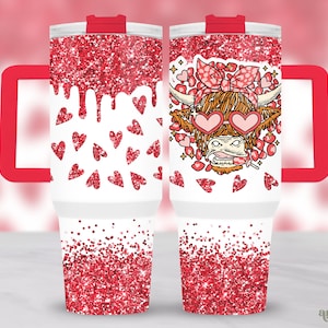 Highland Cow Valentines Day 40oz Tumbler Wrap, Love Valentine&#39;s 40 oz Tumbler Sublimation Design, Glitter Hearts Tumbler With Handle PNG
