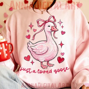 Pu&ograve; includere: Felpa rosa chiaro con un'illustrazione di un'oca rosa, un fiocco, cuori e stelle. La scritta "just a loved goose" &egrave; in rosa. Il design ha un tema romantico, adatto per San Valentino o come regalo.