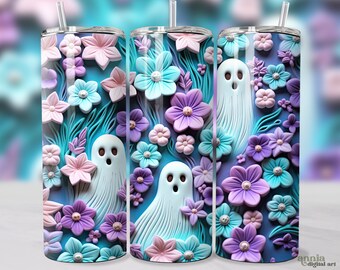 3D Pastel Halloween Tumbler Wrap, Ghosts and Flowers 20oz Skinny Tumbler Sublimation Design, Pastel Goth Straight & Tapered Tumbler PNG