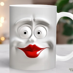 3D Funny Face Mug Wrap, Sarcastic Cartoon Face Mug Sublimation Design, Woman Face 11oz Coffee Cup Png, 15 oz Mug Wrap PNG