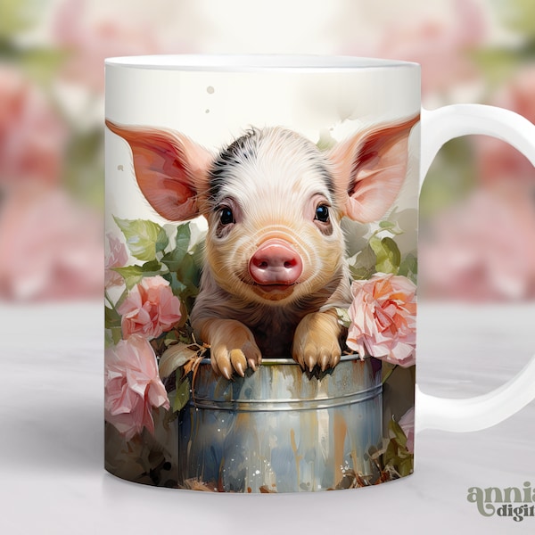 Watercolor Pig Mug Wrap, Baby Pig Sublimation Design, Floral Cute Animals 11oz Coffee Cup Template, 15 oz Mug Wrap PNG, Mug Press Designs
