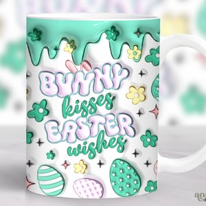 3D Easter Bunny Kisses Mug Wrap Inflated, Puffy Easter Eggs Mug Sublimation Design, Spring 11oz Cup Wrap, Pastel Easter 15 oz Mug PNG