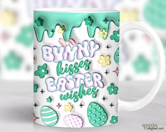 May include: White ceramic mug with a green, pink, and yellow design. The mug has a handle and features the text "Bunny kisses Easter wishes".