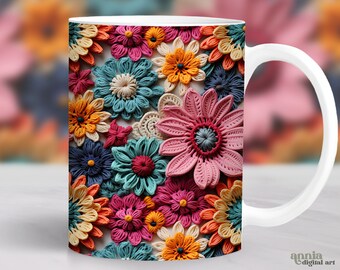 Envoltura de taza de flores de ganchillo 3D, diseño de sublimación de taza floral, plantilla de taza de café de ganchillo de 11 oz, envoltura de taza de otoño de 15 oz PNG, diseño de prensa de taza