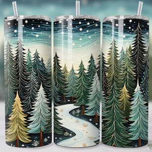 Pine Trees Tumbler Wrap, Winter Mountain Forest Nightscape 20oz Skinny Tumbler Sublimation Design, Straight & Tapered Tumbler PNG
