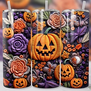 3D Embroidery Halloween Tumbler Wrap, Pumpkins 20oz Skinny Tumbler Sublimation Design, Purple Flowers Straight & Tapered Tumbler PNG