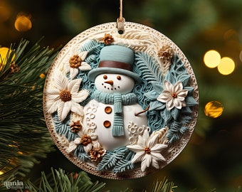 3D Snowman Christmas Ornament PNG Sublimation Design, Blue Christmas Round Ornament PNG File, Winter Ornament Instant Digital Download