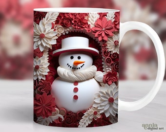 Envoltório de caneca de boneco de neve 3D, design de sublimação de Natal, modelo de xícara de café de boneco de neve de 11 onças, envoltório de caneca de Natal de 15 onças PNG, design de imprensa de caneca de inverno