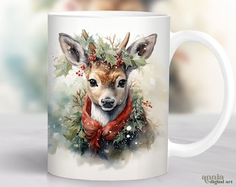 May include: White ceramic mug with a watercolor illustration of a deer wearing a red scarf and a holly wreath. The deer has brown fur and large, dark eyes. The background is a soft, snowy landscape.
