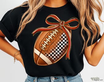 Coquette Football PNG, Fall Preppy Football Shirt Design, Girly Football Mama Png Game Day Bow Touchdown Season Png Checkered Football PNG