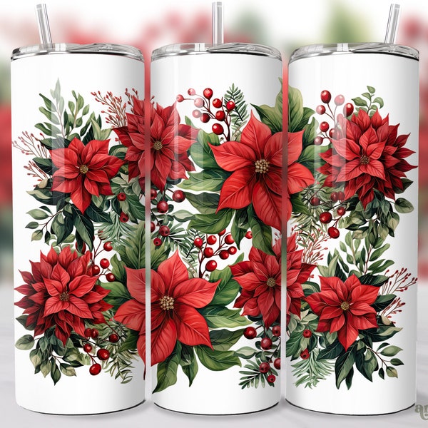 Christmas Tumbler Wrap, Christmas Flower 20oz Skinny Tumbler Sublimation Design, Poinsettia Straight & Tapered Tumbler PNG Watercolor Floral