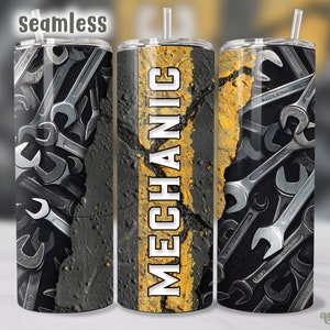May include: A stainless steel tumbler with a black and gray background featuring a pattern of wrenches. The tumbler has a yellow stripe with the word "MECHANIC" in white letters.