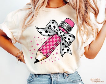 Teacher Back To School Png, Coquette Dalmatian Dots Print Bow Shirt Sublimation Design, Pink Checkered Pencil Png, First Day Of School PNG