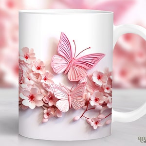3D ピンク バタフライ マグ昇華デザイン、バタフライ 11 オンス コーヒー カップ ラップ、花 15 オンス マグ ラップ PNG、春の花柄マグ プレス デザイン