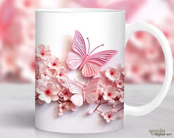 3D Pink Butterflies Mug Sublimation Design, Butterfly 11oz Coffee Cup Wrap, Flowers 15 oz Mug Wrap PNG, Spring Floral Mug Press Designs