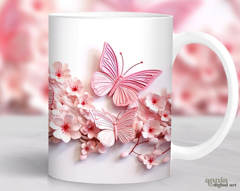 3D Pink Butterflies Mug Sublimation Design, Butterfly 11oz Coffee Cup Wrap, Flowers 15 oz Mug Wrap PNG, Spring Floral Mug Press Designs image 1