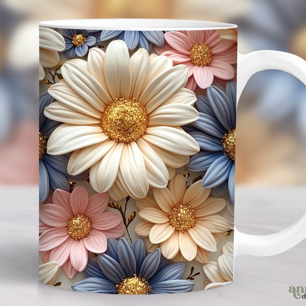 3D Glitter White Daisy Flower Mug Wrap, Gold Spring Floral Mug Sublimation Design, 11oz Cup Template, 15 oz Mug Wrap PNG, Summer Mug Design