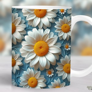 3D White Daisy Flowers Mug Wrap, Spring Floral Mug Sublimation Design, Blue 11oz Cup Template, 15 oz Mug Wrap PNG, Summer Mug Design Png