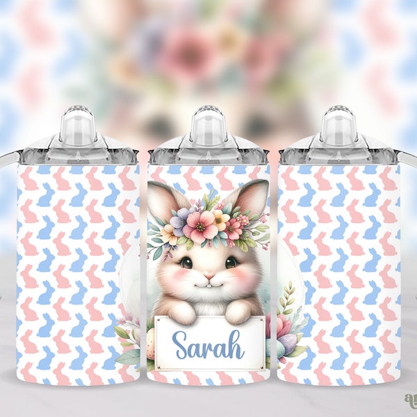 Easter Bunny Sippy Cup Tumbler Wrap Add Name, Spring Animal 12oz Kids Bottle Sublimation Design PNG, Personalize Toddler Sippy Wrap for Girl