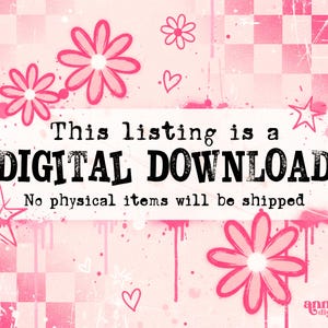 Pu&ograve; includere: Grafica digitale rosa con fiori, cuori e stelle su sfondo a scacchi. Il testo recita: "This listing is a DIGITAL DOWNLOAD. No physical items will be shipped."