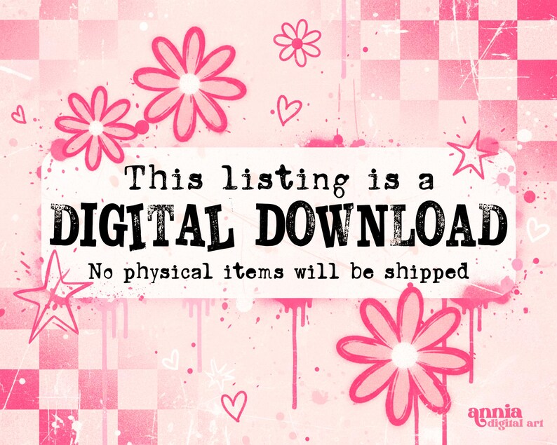 Pu&ograve; includere: Grafica digitale rosa con fiori, cuori e stelle su sfondo a scacchi. Il testo recita: "This listing is a DIGITAL DOWNLOAD. No physical items will be shipped."