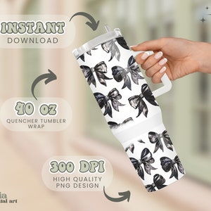 May include: A 40 ounce tumbler wrap featuring a black and white watercolor bow pattern. The design is 300 DPI and is for instant download.
