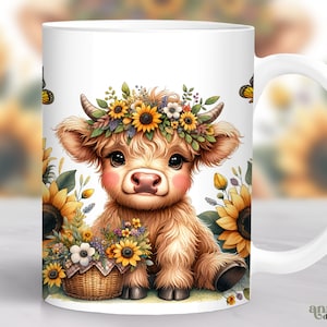 Sunflowers Highland Cow Mug Wrap, Summer Flowers Mug Sublimation Design, Watercolor Floral 11oz Cup Png, Cute Animal 15 oz Mug Wrap PNG